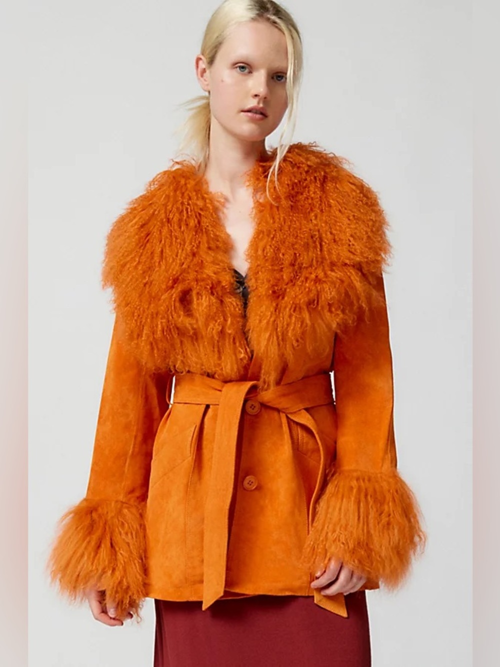 NWT Urban Outfitters Anita Real Suede Orange Fur Lined Penny Lane Mongolian Coat